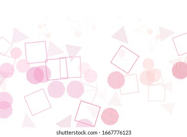 Light Pink vector template with crystals, circles, squares. Abstract illustration with colorful dots, lines, cubes. Best design for poster, banner.