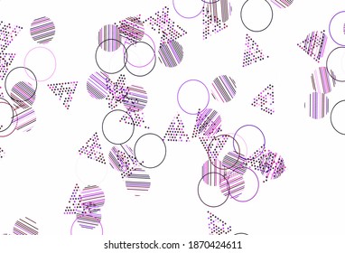 Plantilla de vector rosa claro con cristales, círculos. Ilustración abstracta brillante con esferas, líneas triangulares. Mejor diseño para afiches, pancartas.