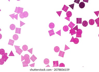 Plantilla vectorial rosa claro con cristales, círculos, cuadrados. Ilustración abstracta brillante con esferas, cuadrados, líneas. Patrón de anuncios comerciales, folletos, folletos