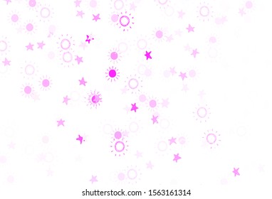 Light Pink vector template with doodle stars, suns. Shining colored illustration with stars, suns. Pattern for futuristic ad, booklets.