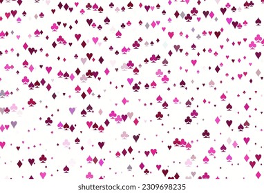 Light Pink vector template with poker symbols. Blurred decorative design of hearts, spades, clubs, diamonds. Design for ad, poster, banner of gambling websites.