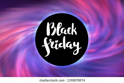 Light Pink vector texture with a black hole, galaxy. Colorful black hole with shining night sky stars. Black Friday design for ads, commercials.