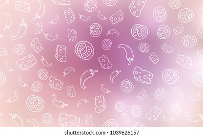 Light Pink vector texture with delicious snacks. Fast Food on blurred abstract background with colorful gradient. Pattern for ads of breakfast, lunch, dinner.