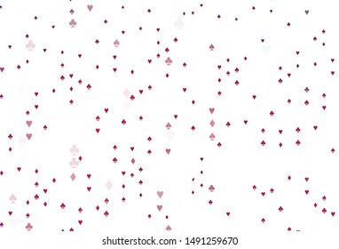 Light Pink vector texture with playing cards. Shining illustration with hearts, spades, clubs, diamonds. Design for ad, poster, banner of gambling websites.