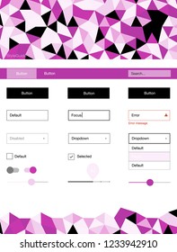 Light Pink vector ui ux kit in triangular style. Colorful ui/ux kit with header consisted of triangles. This template you can use for websites.