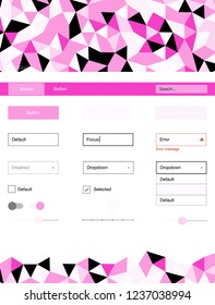 Light Pink vector ui ux kit in triangular style. Colorful Style guide with triangles on abstract background. This template you can use for websites.