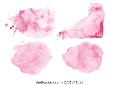 Light Pink Watercolor Splashes Set. Painted watercolour blot with stains and ink drops, isolated on white background. Vector illustration