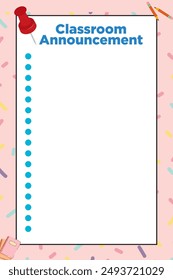 LIght pink and white classroom announcement poster for pasting and hanging in classroom wall. 