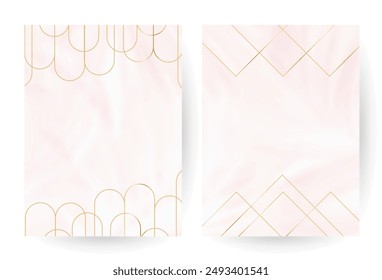 Light pink and white clouds vector design backgrounds. Golden line geometric round and triangle art. Marble textured frames. Watercolor style texture card. Elegant decoration. Fantasy pastel color