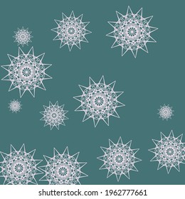 Light Pink Winter New Year Stars Mandala Background. Print Chaotic Snowflakes Dark Night Ornament. Green White Turquoise Pastel Cold Sky Wallpaper. Luxury Christmas Emerald Sharp Composition.