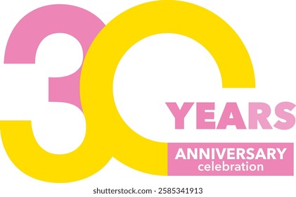 light pink and yellow blue color number 30 with word years light pink color and word anniversary celebration white color.