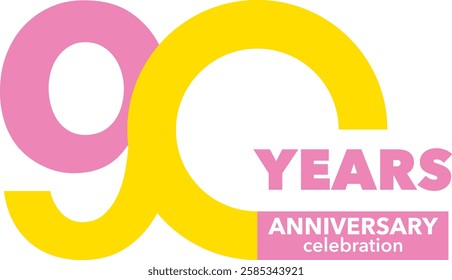 light pink and yellow color number 90 with word years light pink color and word anniversary celebration white color.