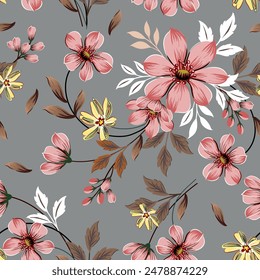 Rosa claro, flores amarillas. Dibujado a mano. Sin costuras sobre un fondo gris. Diseñado para tela, moda, textiles, Fondo de pantalla, envoltura de regalo.