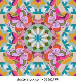 Light. Pink, yellow, green, blue. Mandalas style. Butterflies. Vector.