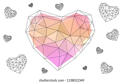 Light Pink, Yellow vector abstract glitter heart shape on white background in love concept for valentine's day with sweet and romantic moment. Polygonal design for your business.