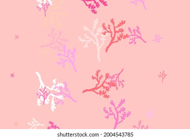 Hellrosa, gelber, abstrakter Hintergrund mit Sakura. Dekoratives Design im indischen Stil auf weißem Hintergrund. Muster für Tapeten, Farbbücher.
