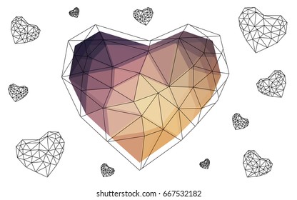 Light Pink, Yellow vector abstract Triangle Geometrical Heart on white polygonal background. Happy Valentine's Day Greeting Card. Stock template for your design.