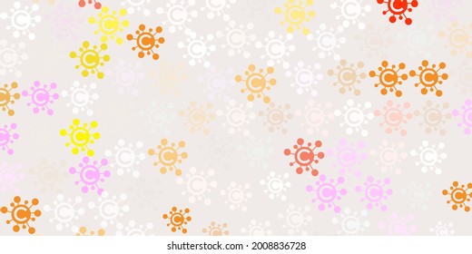 Fondo vector amarillo claro rosa con símbolos de virus. Símbolos de enfermedades degradadas coloridas en un estilo simple y abstracto. Sencillo dibujo contra la fiebre de peligro.