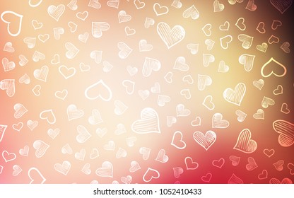 Light Pink, Yellow vector background with hearts. Hearts on blurred abstract background with colorful gradient. Pattern for carnival, festival romantic leaflets.