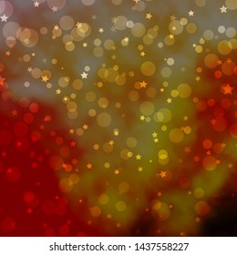 Light Pink, Yellow vector background with circles, stars. Abstract design in gradient style with bubbles, stars. Pattern for trendy fabric, wallpapers.