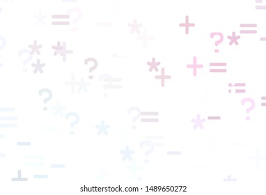Light Pink, Yellow vector background with arithmetic signs. Abstract illustration with colored algebra signs. Best design a poster, banner of a math college.