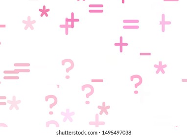 Light Pink, Yellow vector background with arithmetic signs. Abstract illustration with colored algebra signs. Pattern for school, grammar websites.