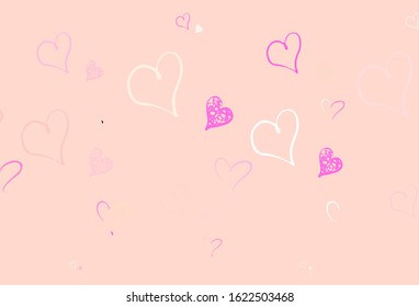 Light Pink, Yellow vector background with Shining hearts. Decorative design with hearts in simple style . Pattern for valentine's ad, booklets.