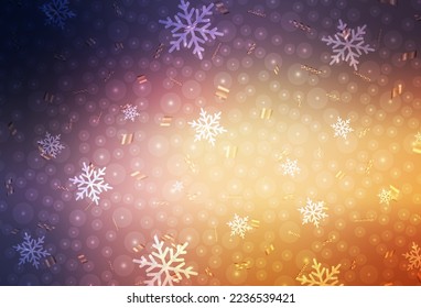 Fondo vectorial amarillo rosa claro en estilo navideño. Diseño en estilo navideño con bolas de Navidad, copos de nieve. Patrón de anuncios, afiche, pancarta de libros.