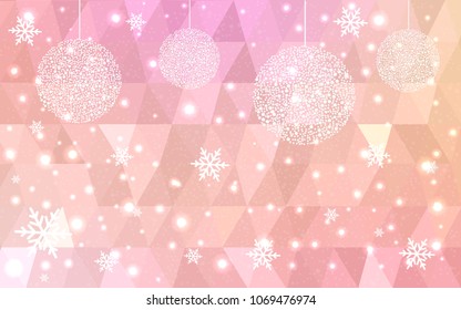 Light Pink Yellow vector christmas polygon background. Low poly Illustration consisting of triangles with snowflakes. Texture, seamless background of New Year celebration.