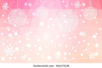 Light Pink Yellow vector christmas polygon background. Low poly Illustration consisting of triangles with snowflakes. Texture, seamless background of New Year celebration.