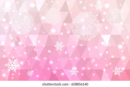 Light Pink Yellow vector christmas polygon background. Low poly Illustration consisting of triangles with snowflakes. Texture, seamless background of New Year celebration.