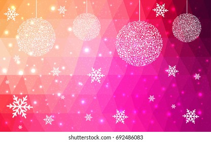 Light Pink Yellow vector christmas polygon background. Low poly Illustration consisting of triangles with snowflakes. Texture, seamless background of New Year celebration.