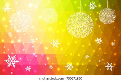 Light Pink Yellow vector christmas polygon background. Low poly Illustration consisting of triangles with snowflakes. Texture, seamless background of New Year celebration.