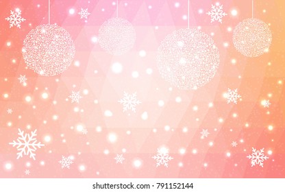 Light Pink Yellow vector christmas polygon background. Low poly Illustration consisting of triangles with snowflakes. Texture, seamless background of New Year celebration.