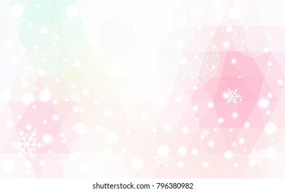 Light Pink Yellow vector christmas polygon background. Low poly Illustration consisting of triangles with snowflakes. Texture, seamless background of New Year celebration.