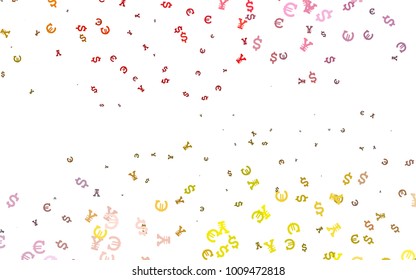 Light Pink, Yellow vector cover with Euro, Dollar, Yen signs. Abstract illustration with colored financial digital symbols. The pattern can be used for financial, investment websites.
