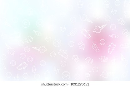 Light Pink, Yellow vector cover with set of confections. Illustration with set of sweet food in doodle style. Pattern for menu of cafes and restaurants.