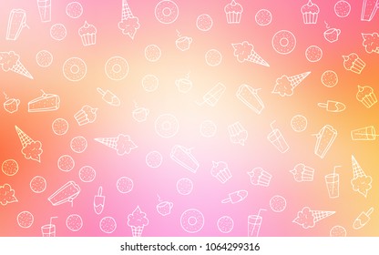 Light Pink, Yellow vector cover with set of confections. Blurred decorative design of desserts in doodle style. Template of children's food in cafe.