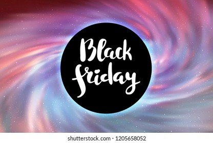 Light Pink, Yellow vector cover with a black hole, nebula. Abstract illustration with glitter colorful cosmic stars. Template for Black Friday sales.