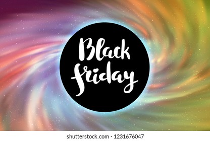 Light Pink, Yellow vector cover with a black hole, nebula. Abstract illustration with glitter colorful cosmic stars. Backdrop for ads, leaflets of Black Friday.