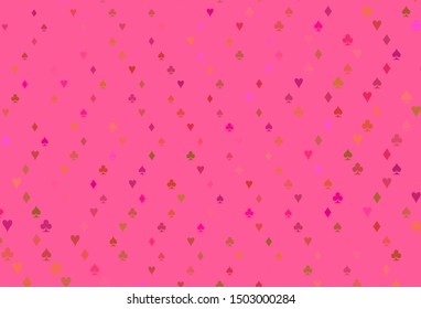 Light Pink, Yellow vector cover with symbols of gamble. Colorful gradient with signs of hearts, spades, clubs, diamonds. Pattern for leaflets of poker games, events.
