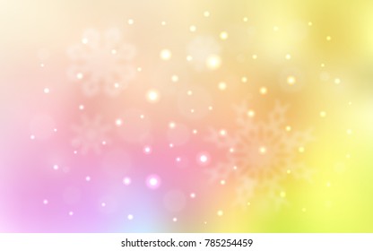 Light Pink, Yellow vector cover with beautiful snowflakes. Glitter abstract illustration with crystals of ice. The pattern can be used for new year leaflets.