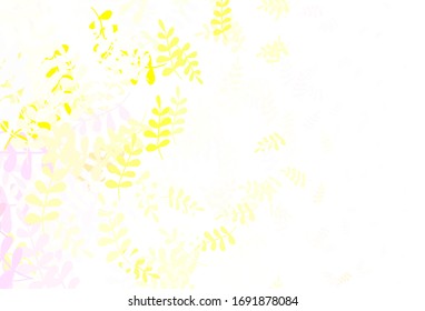 Light Pink, Yellow vector doodle pattern with leaves. Sketchy doodles with leaves on blurred background. Template for backgrounds of cell phones.