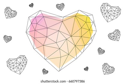 Light Pink, Yellow vector greeting Card Happy Valentine's Day. Lettering with hearts on the white polygonal background. Colored triangular illustration for your business.