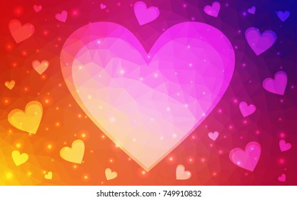 Light Pink, Yellow vector greeting Card Happy Valentine's Day. Lettering with hearts on the white polygonal background. Colored triangular illustration for your business.