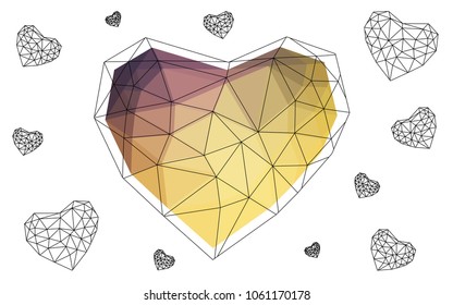 Light Pink, Yellow vector heart isolated on white background. Geometric rumpled triangular low poly origami style gradient graphic illustration. Polygonal design for your business.