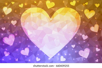 Light Pink, Yellow vector heart isolated on white background. Geometric rumpled triangular low poly origami style gradient graphic illustration. Polygonal design for your business.