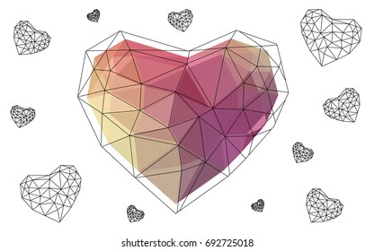 Light Pink, Yellow vector heart isolated on white background. Geometric rumpled triangular low poly origami style gradient graphic illustration. Polygonal design for your business.