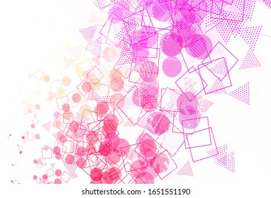 Diseño vectorial amarillo rosa claro con círculos, líneas, rectángulos. Decoración de estilo abstracto con líneas, puntos, cubos. Plantilla para fondos de pantalla.