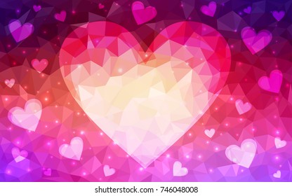 Light Pink, Yellow vector love background with heart. Paper note. Valentine's greeting polygonal card. Triangular illustration for your business. Stock template for your design.